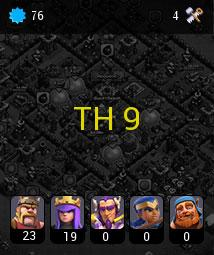 TH[9] BH[4] SCORE[144/167] TROOPS[73/77] LVL[76] CUPS[1,046] WARSTAR[74] VCUPS[370]BH TROOPS[19/48] SPELLS[30/30]