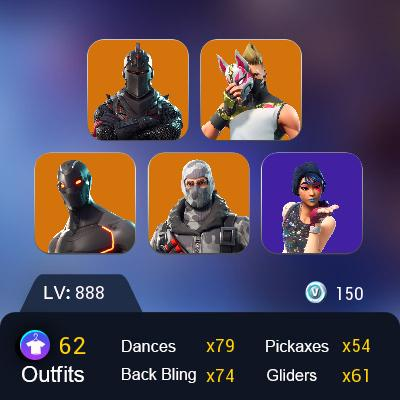 62 Skins/Full mail access/Black Knight/Ikonik/Carbide Stage 5/Blue Squire/Floss/Battle Bus Banner/Sub Commander/Havoc