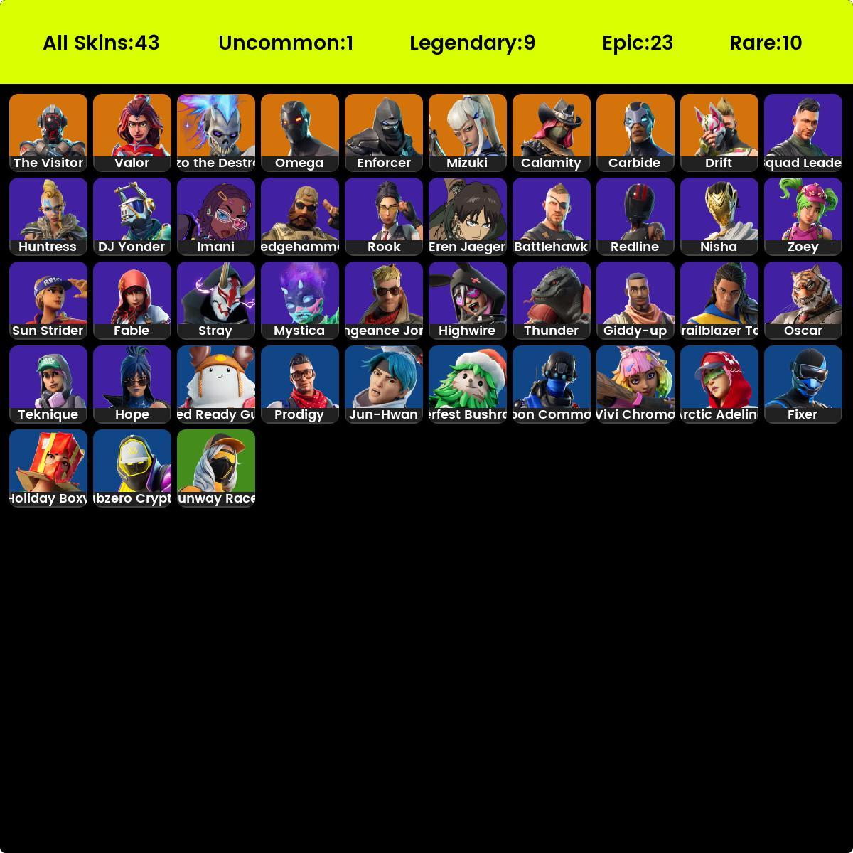 43 skins | Drift + Omega + Mako + Prodigy + The Visitor + Calamity + Carbide + other old skin | PSN + XBOX Linkable | Full mail access