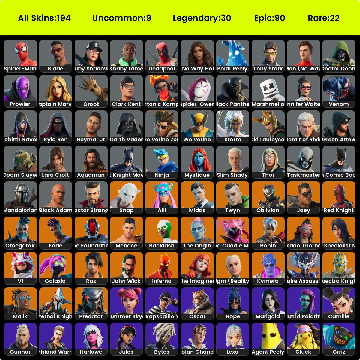 Full access. Fortnite 194 skins . John Wick . Oblivion . Spider-Gwen . Black  Adam . Rick Sanchez . Ninja . Skull Trooper . Venom Zu103 - iGV