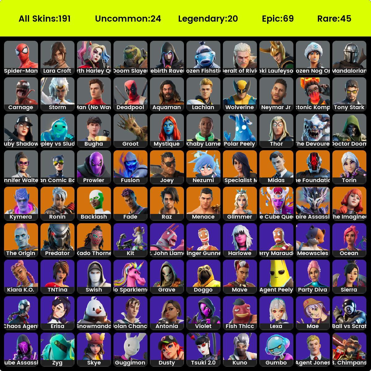 Fortnite Full Access. 191 Skins . Harley Quinn. Robo Ray . Cube Assasin .  The Origin. . Swish . Zadle . Candy Axe. Harley Hitter . Zu23 - iGV