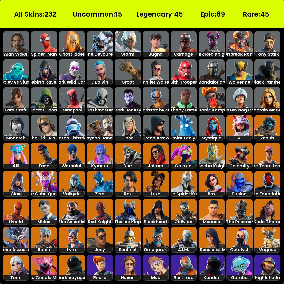 232 Skins, Ikonik, Stealth Reflex, Rougue Spider Knight, Glow, Pve 