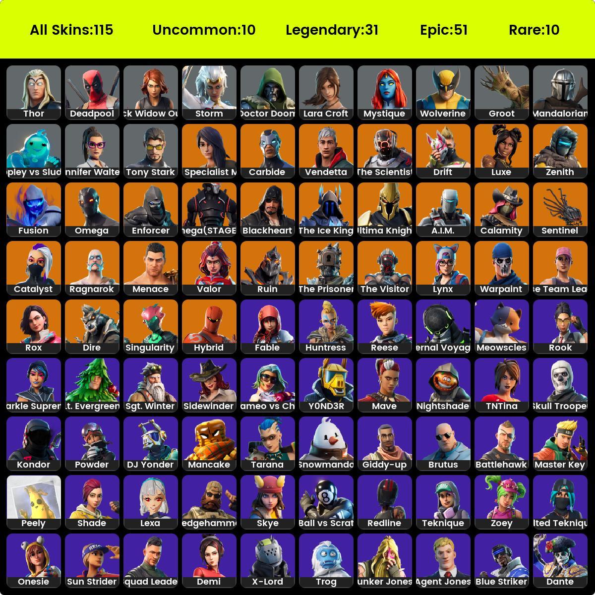 114 skins . Skull Trooper , Agent Peely . Lara Croft . STW . Omega ...