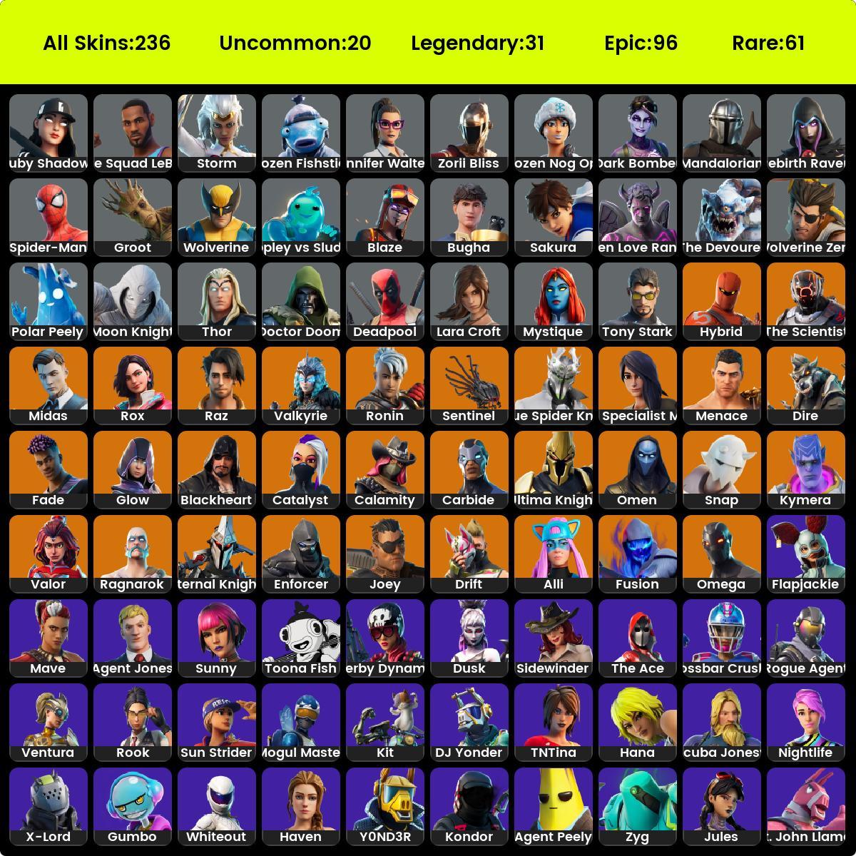 236 skins | Honor Guard | Rogue Spider Knight | Glow | Neo Versa | Blue Team Leader | Leviathan Axe | Freestylin | Point Patroll Rare Emotes