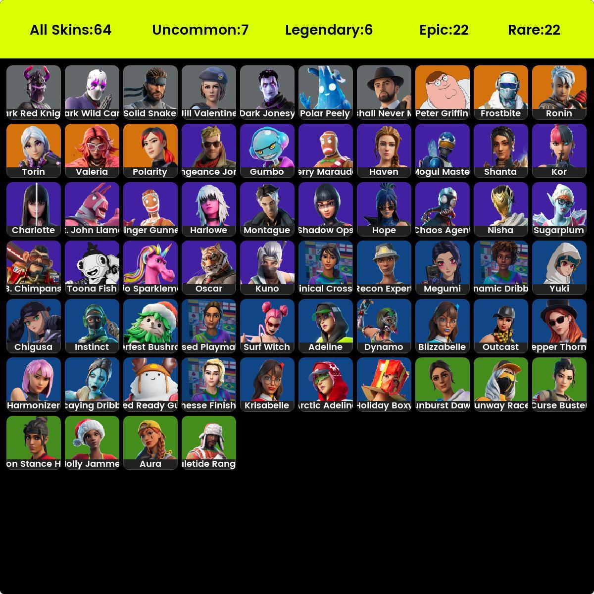 Fortnite 64 skins / full access / Dark Red Knight / Peter Griffin / Ronin /  Torin / Oscar / Polarity / Frostbite / 1400 Vbucks - iGV