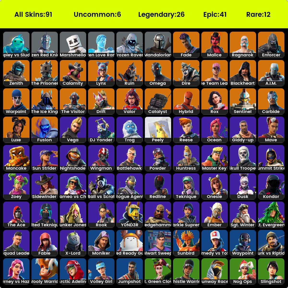 account fortnite 25 legendary skin, 41 epic skins, 12 rare skins, 6  uncommon skins - iGV