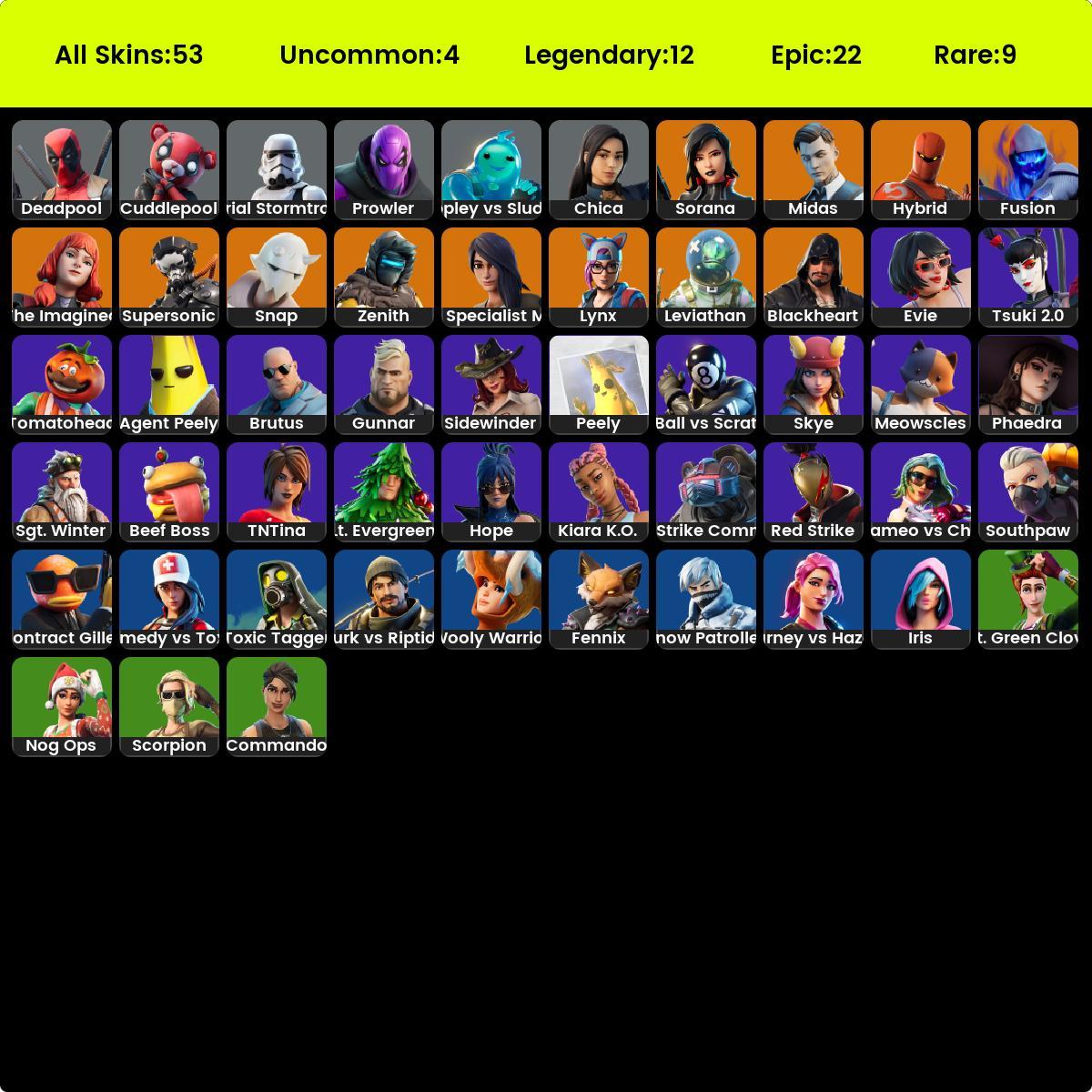 Fortnite 53 skins / full access / Xbox and Nintendo open / Chica / Midas /  Hybrid / Lynx / Deadpool / Sorana / Leviathan / Supersonic / Snap - iGV