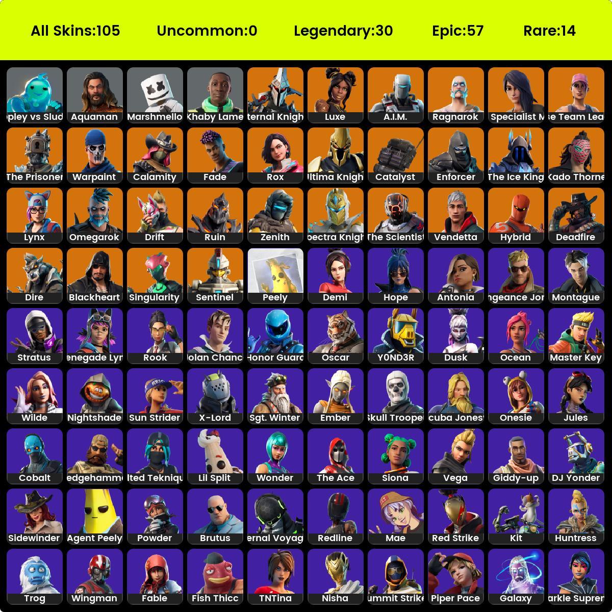 105 SKINS, WONDER, GALAXY, HONOR GUARD, MARSHMELLO, DRIFT, RAGNAROK ...