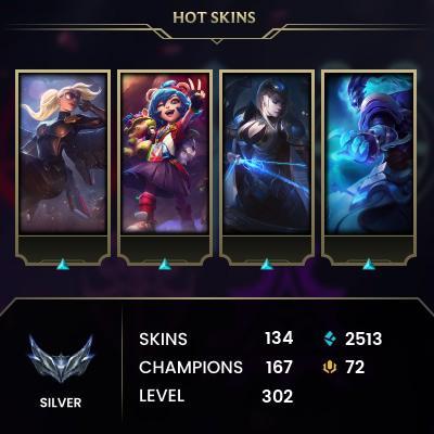 [LAS] > Silver III (4 LP) > 299 Level > 167 Champ > 131 Skins > 1358 BE > 447 RP > 24/7 Instant Delivery > No Access Mail > Read Description