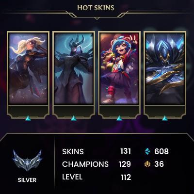 [LAS] > Silver III (72 LP) > 112 Level > 129 Champ > 131 Skins > 608 BE > 36 RP > 24/7 Instant Delivery > No Access Mail > Read Description