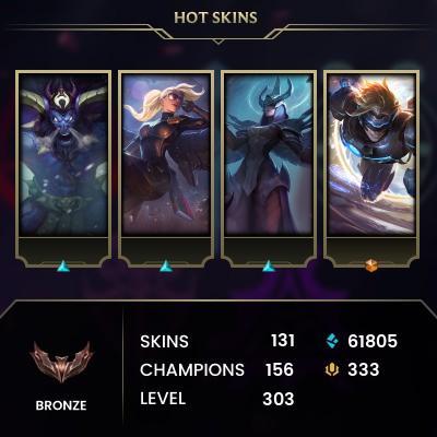 [LAN] > Bronze III (36 LP) > 302 Level > 156 Champ > 131 Skins > 61705 BE > 333 RP > 24/7 Instant Delivery > No Access Mail > Read Description