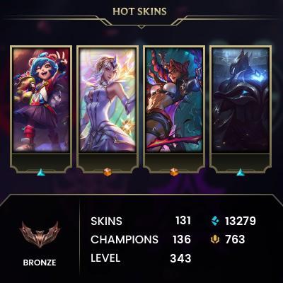 [EUW] > Bronze II (42 LP) > 343 Level > 136 Champ > 131 Skins > 13279 BE > 763 RP > 24/7 Instant Delivery > No Access Mail > Read Description