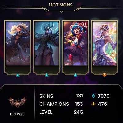 [EUW] > Bronze I (0 LP) > 243 Level > 151 Champ > 131 Skins > 14430 BE > 476 RP > 24/7 Instant Delivery > No Access Mail > Read Description