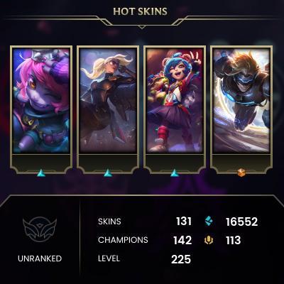 [EUW] > Unranked > 225 Level > 142 Champ > 131 Skins > 16552 BE > 113 RP > 24/7 Instant Delivery > No Access Mail > Read Description