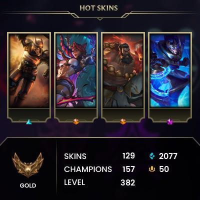 [EUW] > Gold I (96 LP) > 382 Level > 157 Champ > 131 Skins > 2077 BE > 50 RP > 24/7 Instant Delivery > No Access Mail > Read Description