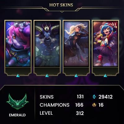 [EUW] > Emerald IV (57 LP) > 312 Level > 166 Champ > 131 Skins > 29412 BE > 16 RP > 24/7 Instant Delivery > No Access Mail > Read Description