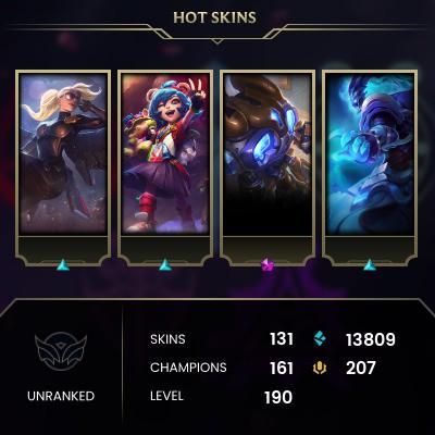 [BR] > Unranked > 190 Level > 161 Champ > 131 Skins > 13809 BE > 207 RP > 24/7 Instant Delivery > No Access Mail > Read Description