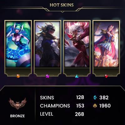 [NA] > Bronze I (3 LP) > 268 Level > 153 Champ > 130 Skins > 382 BE > 1960 RP > 24/7 Instant Delivery > No Access Mail > Read Description