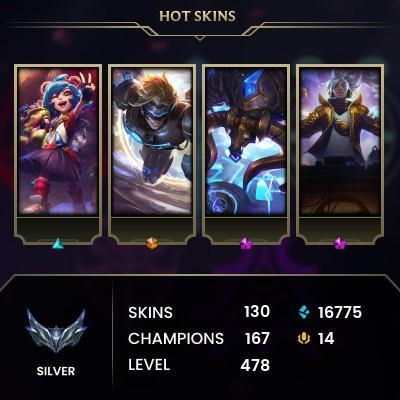 [NA] > Silver IV (31 LP) > 478 Level > 167 Champ > 130 Skins > 16725 BE > 14 RP > 24/7 Instant Delivery > No Access Mail > Read Description