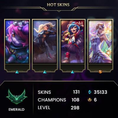 [LAS] > Emerald III (21 LP) > 295 Level > 105 Champ > 130 Skins > 12833 BE > 106 RP > 24/7 Instant Delivery > No Access Mail > Read Description