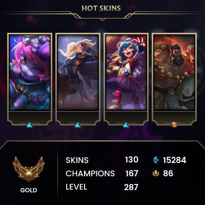 [LAS] > Gold III (19 LP) > 287 Level > 167 Champ > 130 Skins > 15234 BE > 86 RP > 24/7 Instant Delivery > No Access Mail > Read Description