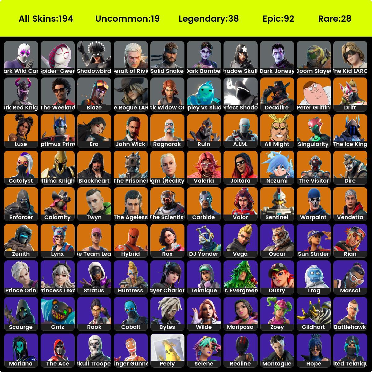 194 SKINS, BLACK WIDOW OUTFIT, OLD PVE, JOHN WICK, TRAILBLAZER, OPTIMUS ...