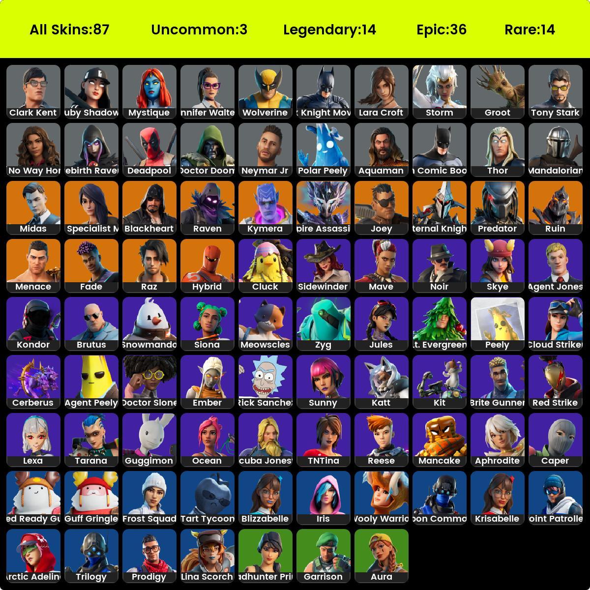 Full Access. Fortnite 87 skins . gold midas . reaper .Agent Peely ...