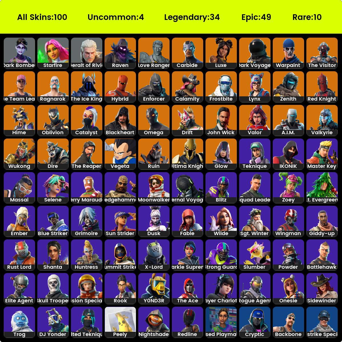 101 skins | OG STW | IKONIK | The Reaper | Glow | Blue Team Leader | Blue Squire | Royale Knight | Fishstick (World Cup) | Strong Guard |