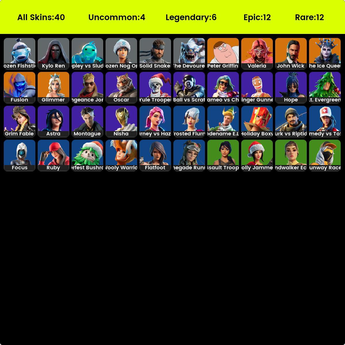 PC|NINTENDO] 40 Skins | Merry Minty Pickaxe | John Wick | Candy Axe | Star  Wand | Kylo Ren | Solid Snake | Fusion | Holiday Boxy | - iGV