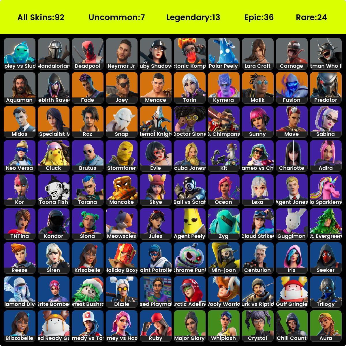 92 SKINS / GOLD MIDAS / LARA CROFT / FUSION / FADE / CHARLOTTE / BRITE ...