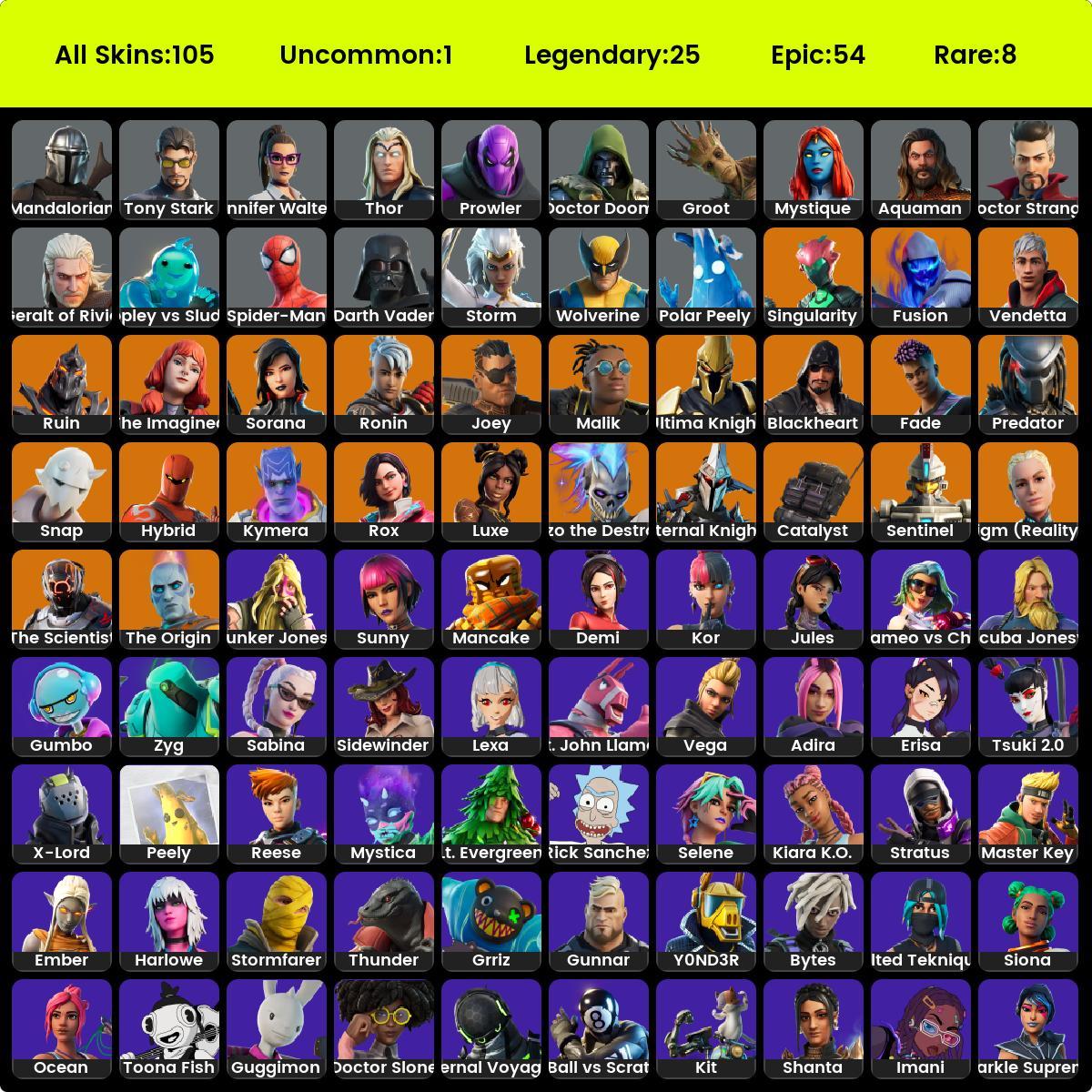 Full access. Fortnite 105 skins .Rick Sanchez . Mystica . Doctor ...