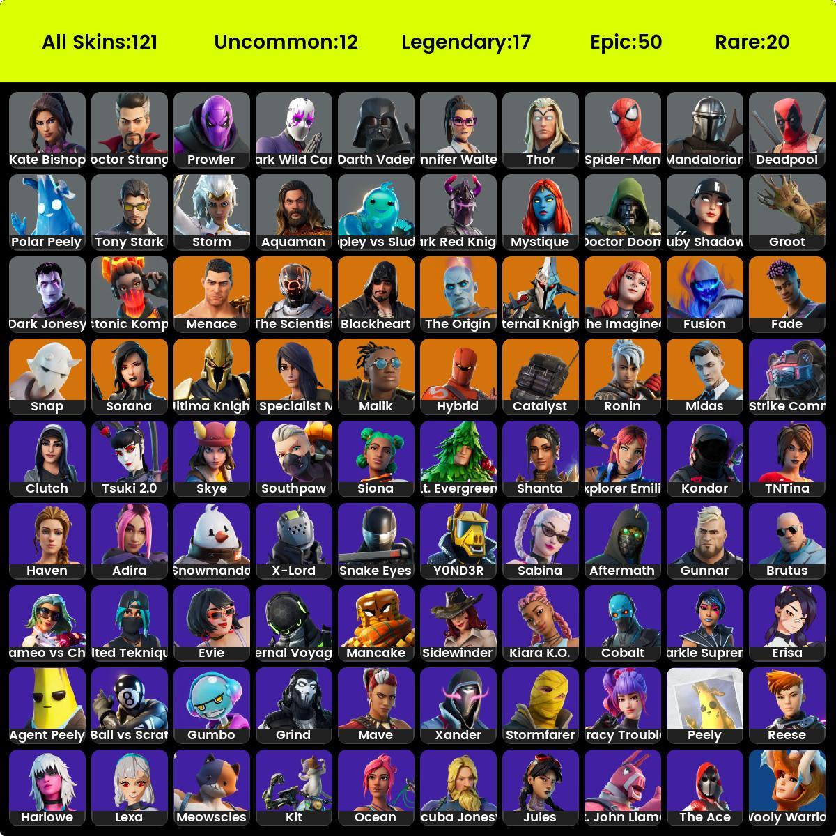 121 Skins   Full Access   Midas   Deadpool   Dark Red Knight 