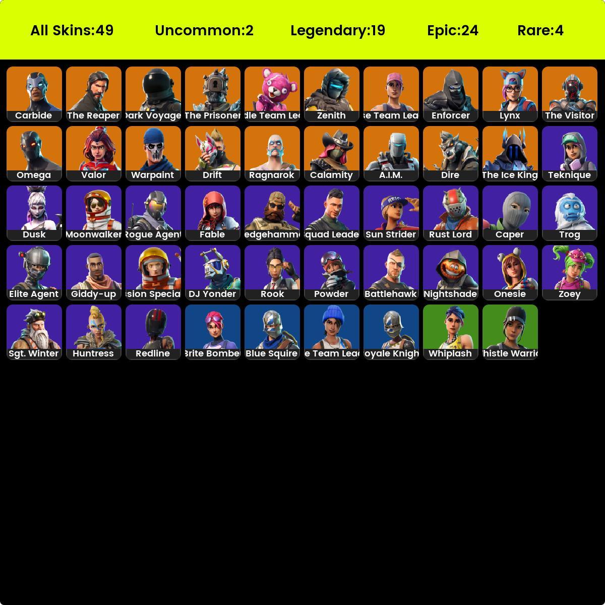 [PC/PSN/XBOX] 48 skins; OG STW; The Reaper; Take the L; Blue Squire; Royale Knight; Rogue Agent; Elite Agent; Cuddle Team Leader; Omega