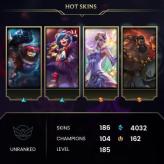 League of legends /  NA server /  177   Skins /   104  characters /  185    Level