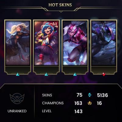 League of legends /  NA server /  82  Skins /  163   characters /  143    Level