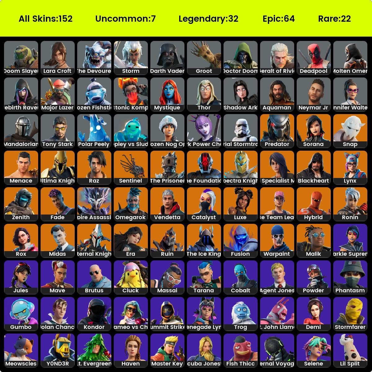 Full access . 152 skins . OG STW / Reaper . Midas . Lara Croft . Mae ...