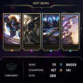 [EUW] > Unranked > 289 Level > 167 Champ > 111 Skins > 86559 BE > 141 RP > 24/7 Instant Delivery > No Access Mail > Read Description