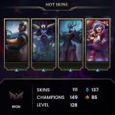 [EUW] > Iron I (0 LP) > 128 Level > 148 Champ > 111 Skins > 4887 BE > 86 RP > 24/7 Instant Delivery > No Access Mail > Read Description