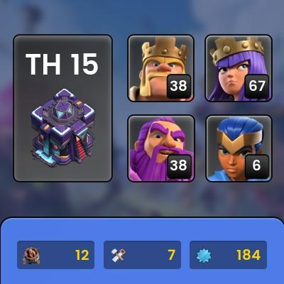 TH:15 LVL:184 Heroes:38,67,38,6 Skins:1 Gems:60 SW:924 HT:4393 BH:7 ...