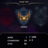 [NA] > Gold II (81 LP) > 49 Level > 34 Champ > 1 Skins > 725 BE > 0 RP > 24/7 Instant Delivery > No Access Mail > Read Description