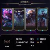 [EUW] > Iron III (65 LP) > 58 Level > 167 Champ > 185 Skins > 20419 BE > 90 RP > 24/7 Instant Delivery > No Access Mail > Read Description