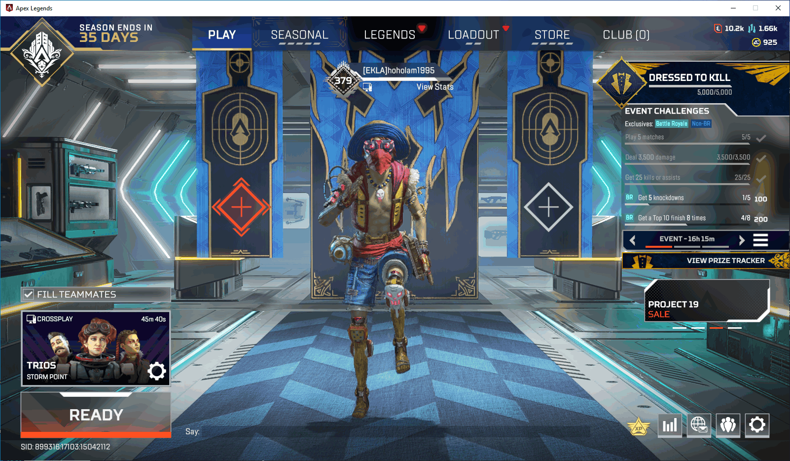 Level account 379 + legendary items 45 + Lifetime Kills 1335