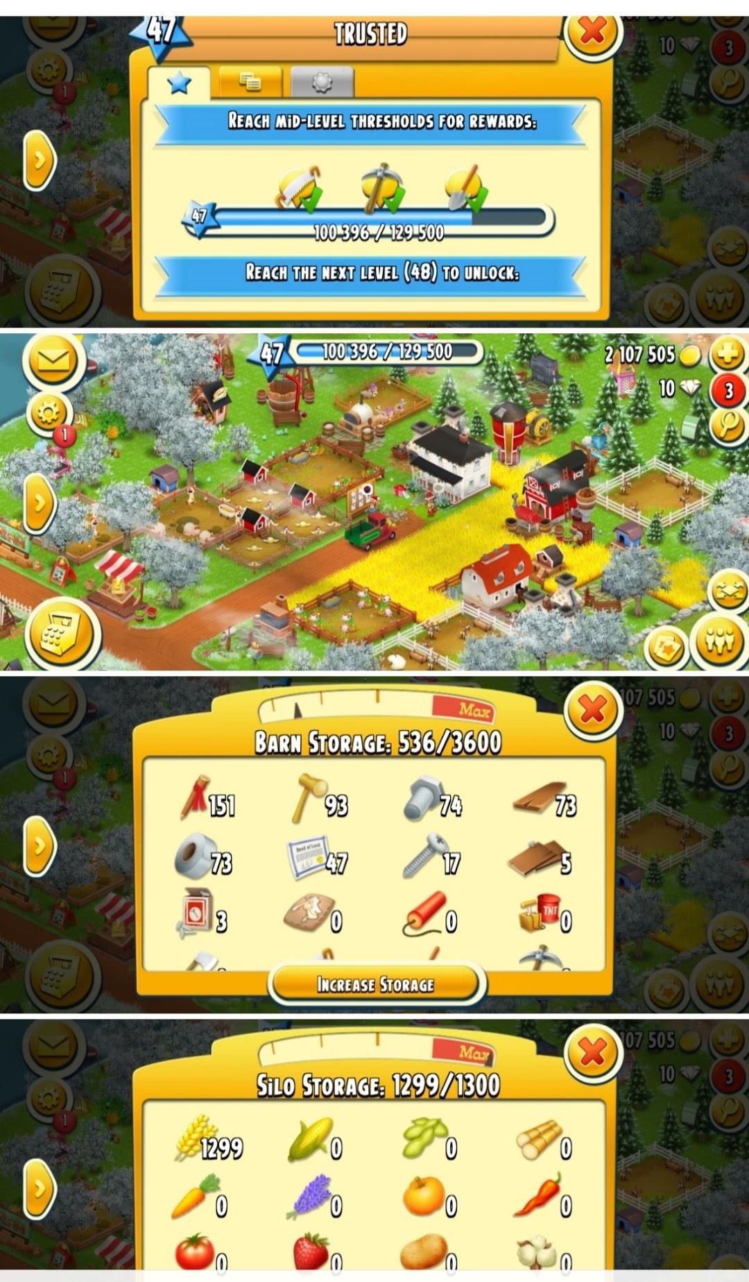 Hay day : LEVEL 46-47 + BARN STORAGE 3600 + SILO STORAGE 1200 + COINS  2,000,000+ - iGV