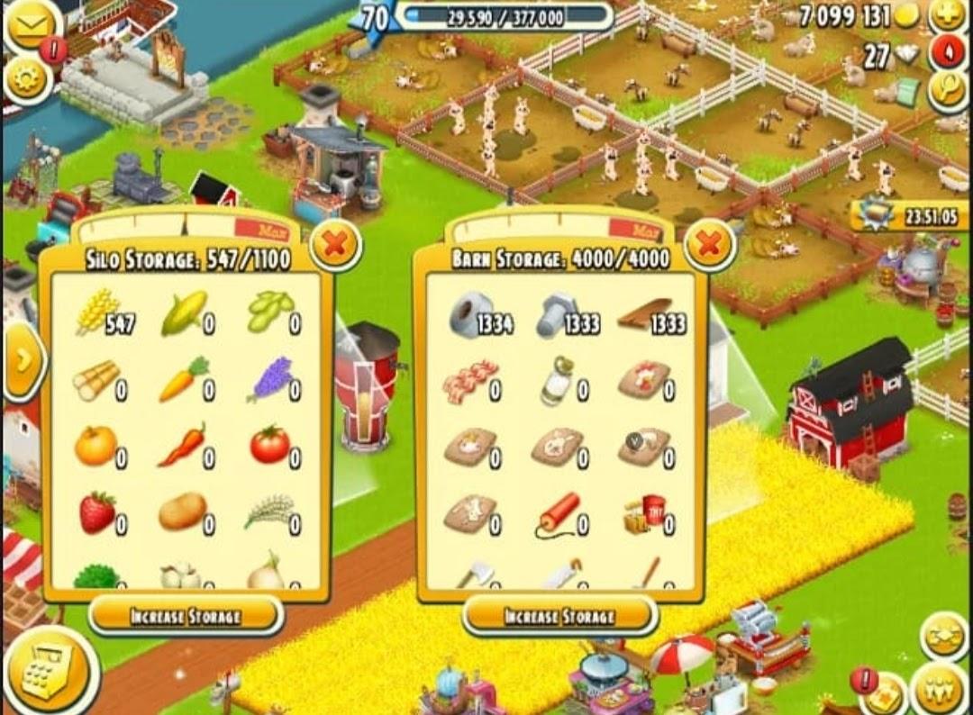 Hay day : LEVEL 70 + MAIN LAND OPEN 100% + BARN 4000 + SILO 1100 +  MATERIALS EXPAND BARN - iGV