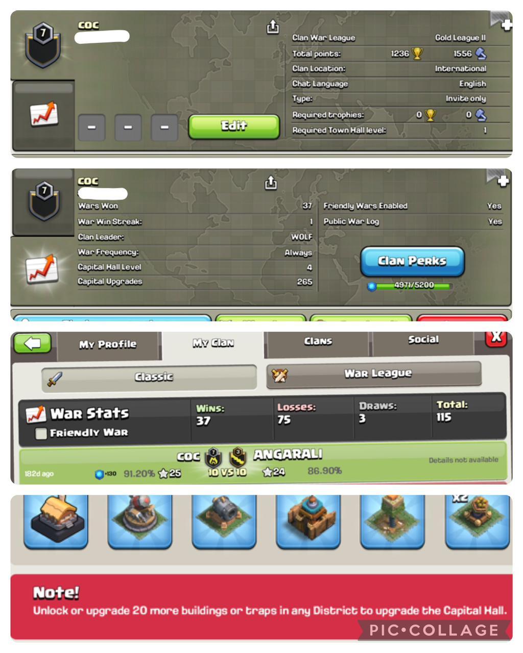Clan Name- COC/ Level-(8)/CAPITAL HALL-ALMOST LEVEL 5/Perfect English Name With Cheap & Affordable Price!!IOS& ANDROID!!