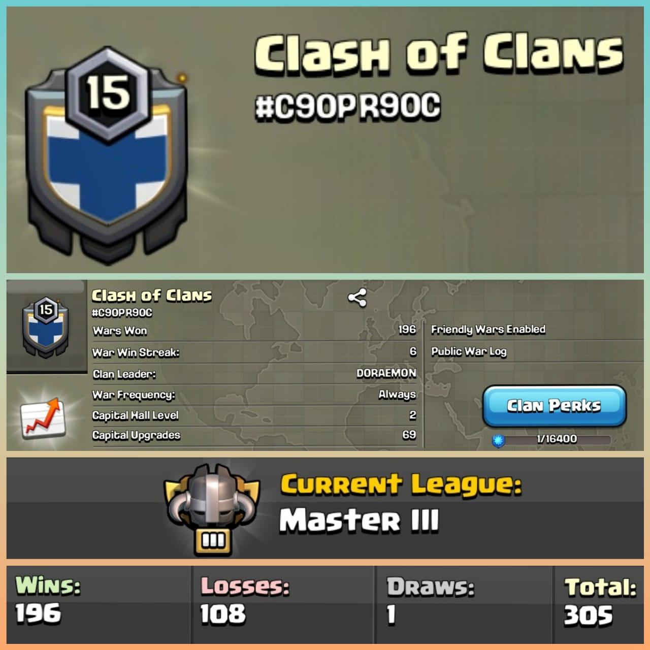NAME- Clash of Clans - LEVEL-15 - MASTER-3 - W- 196 - L- 108 - IOS/ANDROID