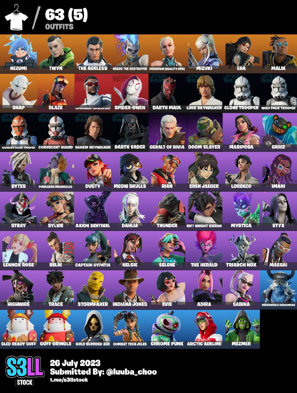 FA PC/PSN/XBOX/SWITCH 63 SKINS, 34 MAX STYLE, MEOW SKULLS, INDIANA JONES,  NEZUMI, TWWYN, MIZUKI, SPIDER GWEN, RELIK, ADIRA,SNAP - iGV