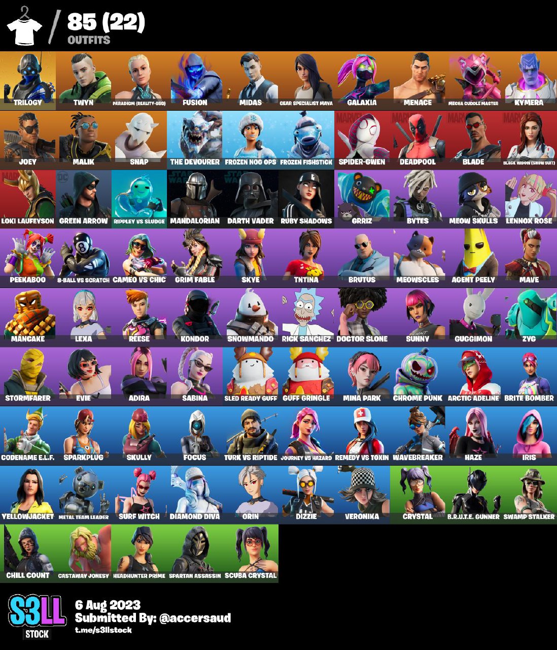 FA PC/XBOX/PSN 85 skins mail access {more outfits in description}