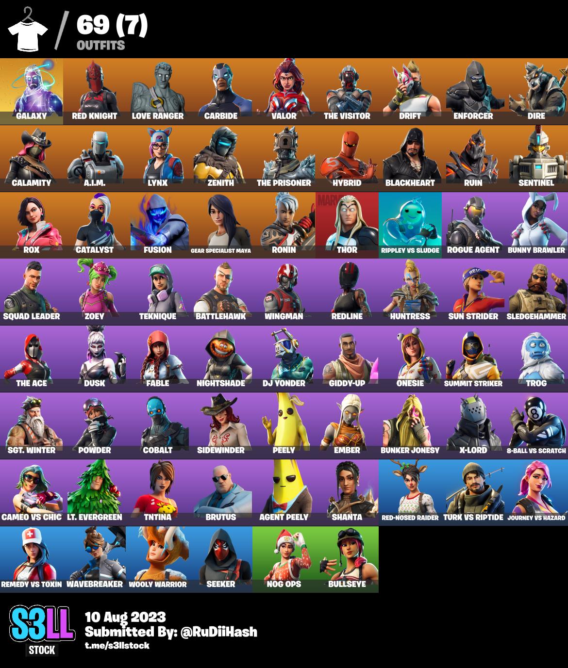 [Galaxy] 69skins,RedKnight,Drift,Thor,Dusk,Squad Leader,Agent Peely ...