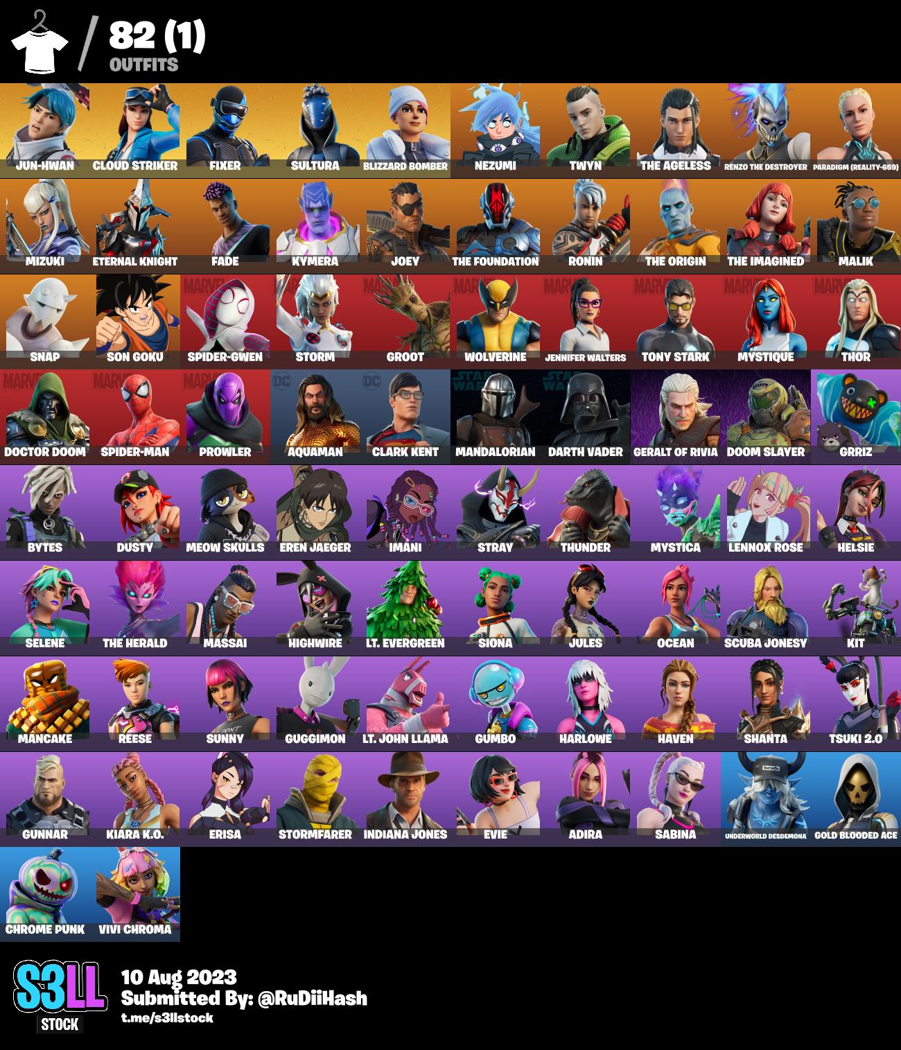 [Son Goku] 82skins,2400 Vbucks,Spider-Gwen,Eren Jaeger, Imani,Highwire ...